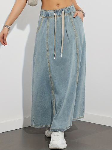 Denim elastic waist drawstring denim skirt women's new retro high-waist slimming loose denim skirt