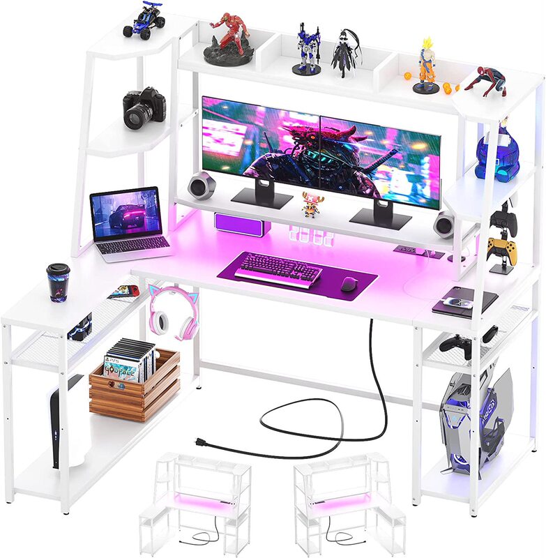 150.6cm Reversible Computer Desk with Storage Shelves L-Shaped Gaming Desk with Led Lights and Power Stripl-Shaped Corner Desk