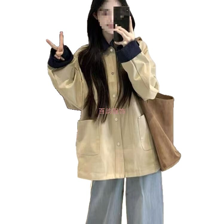 厂家直销韩系春秋外套2025新款复古拼接撞色卡其色短款风衣|undefined
