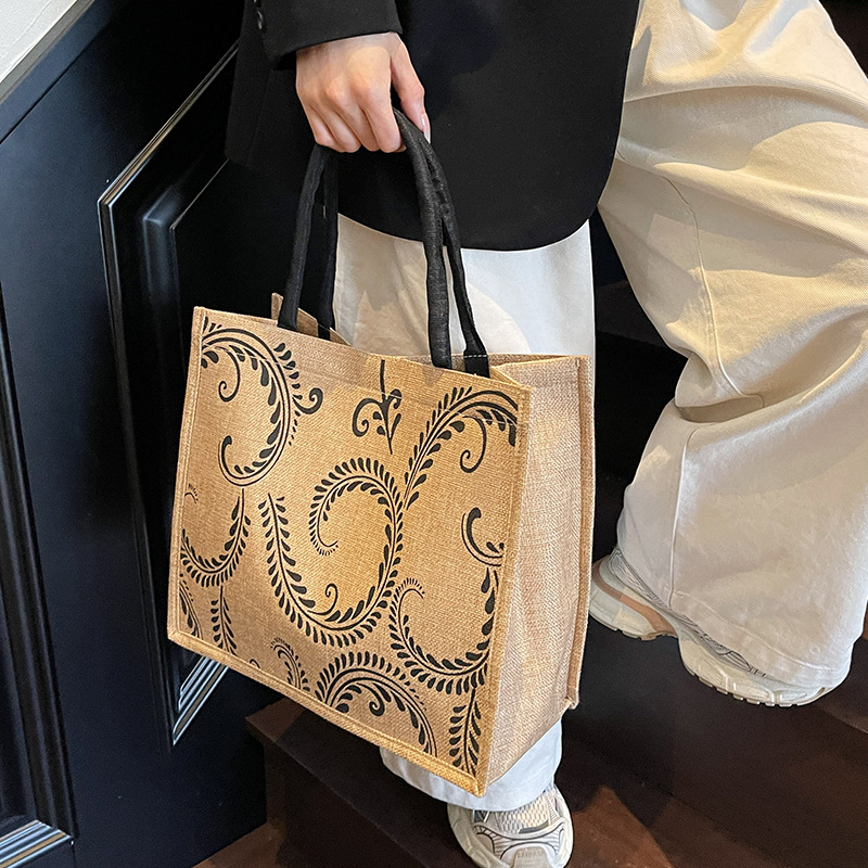 765g Weight Magnetic Buckle Closure Type Double Handle Strap Type Handbag Bags Type Casual, Holiday Occasion Hemp Material Geometric Pattern All Seasons Season Women's Gender Elegant, Vintage Style Style Square Shape Women's Hemp Geometric Elegant Vintage Style Square Magnetic Buckle Handbag 11