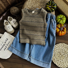 女童夏裝新款韓版條紋背心寶寶時髦洋氣百搭闊腿褲兩件套0077A004