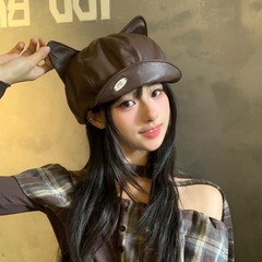 日系复古pu皮质猫耳朵贝雷帽女秋季甜酷可爱八角帽大头围画家帽子