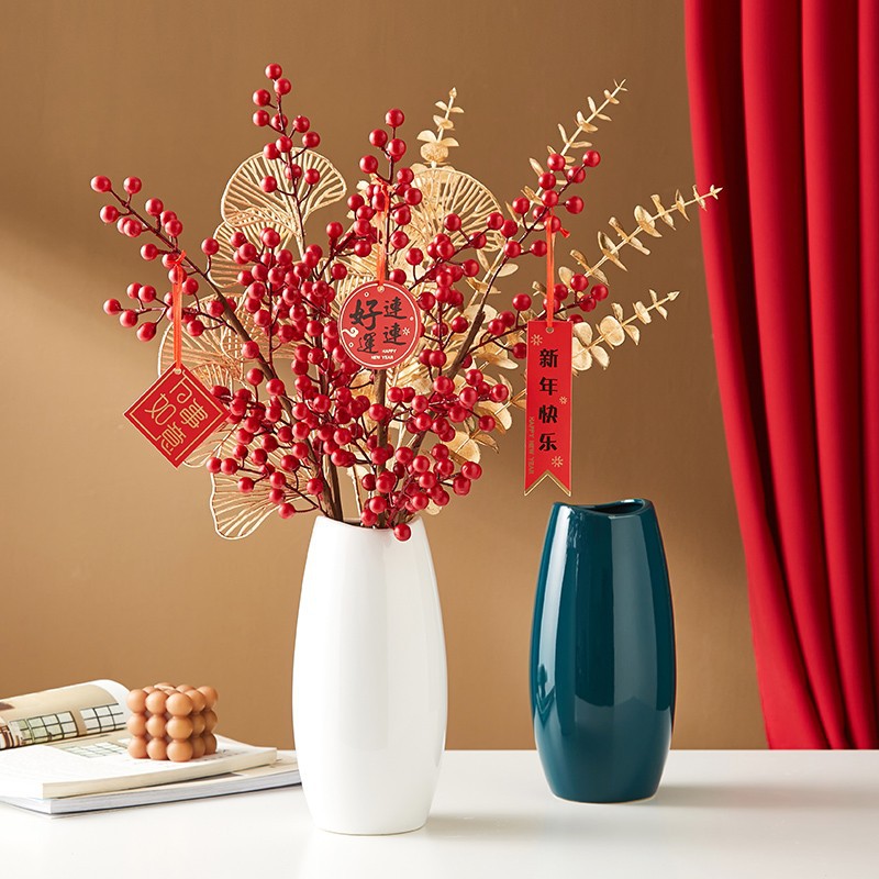 12 flores rojas pequeñas, caqui, acebajos, granada, flores simuladas, adornos de boda, frutas de Navidad