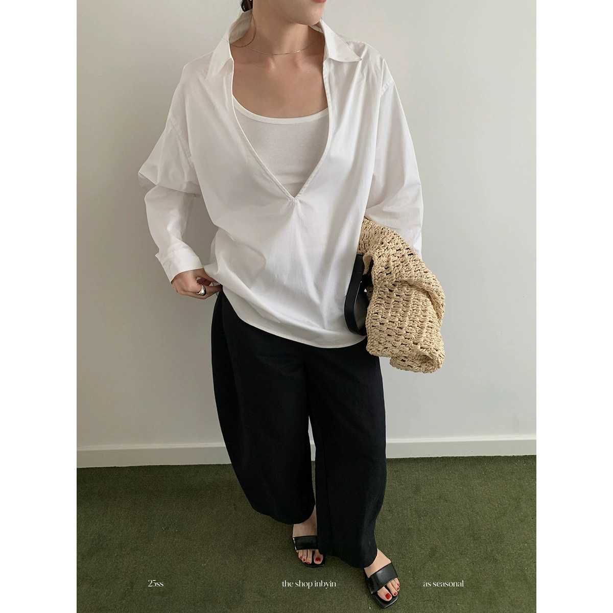 Yi En Ou inbyin модный костюм с глубоким v-образным вырезом с длинными рукавами рубашка с трикотажным подтяжком