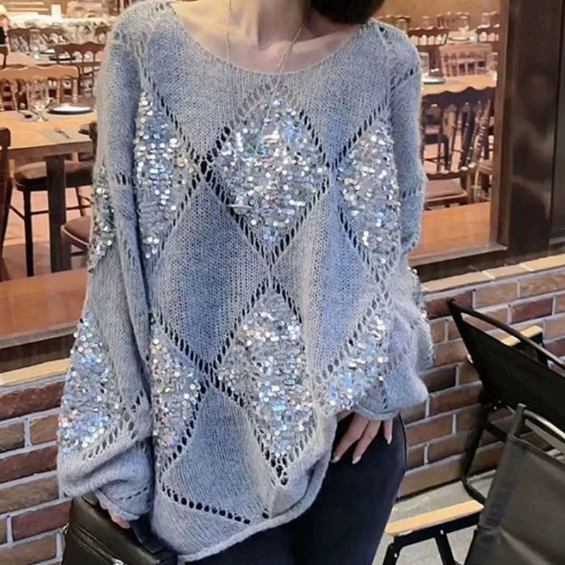 European-Style Diamond-Shaped Sequin Hollow Knit Sweater for Women, Niche Design, Loose and Lazy Style, Long-Sleeve T-Shirt Top