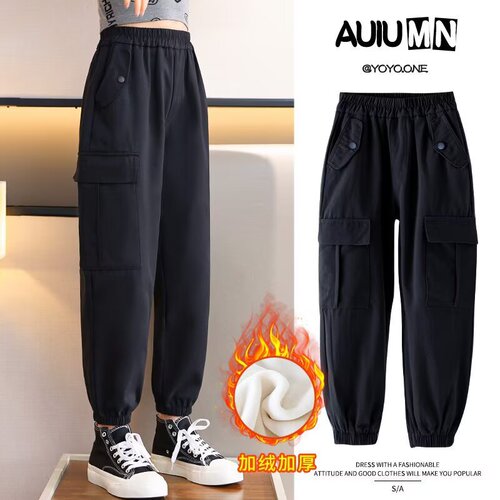 Girls 'overalls autumn and winter velvet sweatpants with leg straps for girls' middle and older children's straight loose casual pants