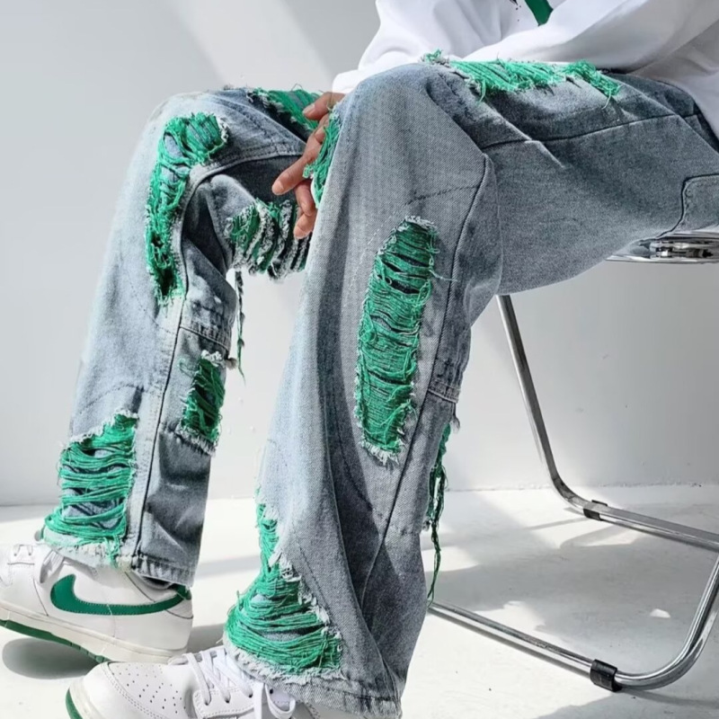 American Street Washed Distressed Ripped Jeans for Men Spring & Fall Straight Loose European and American High Street Vibe Style Long Pants