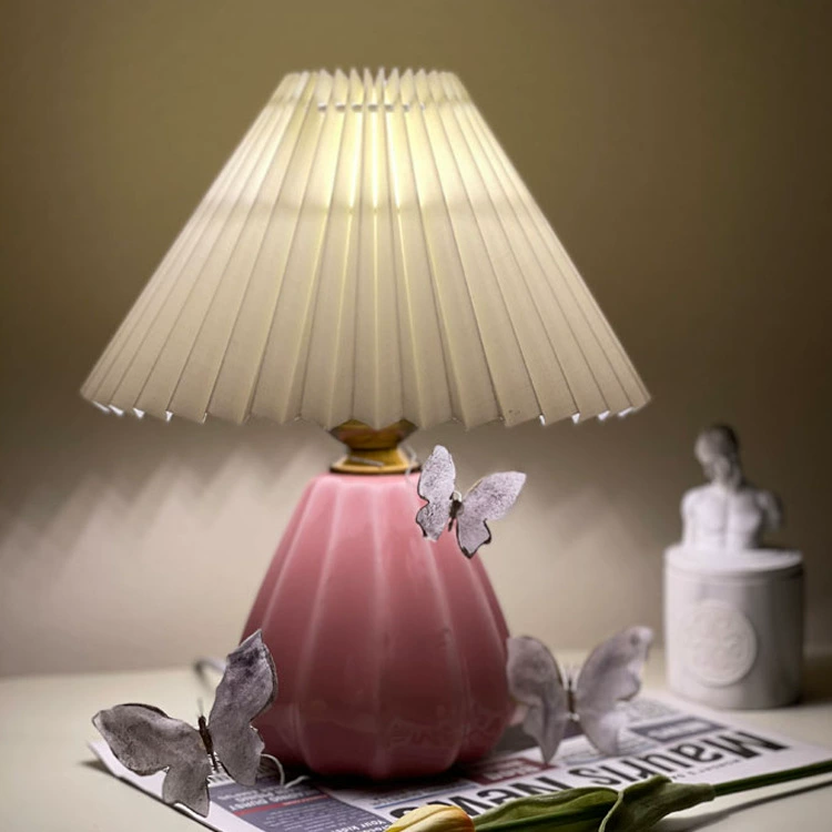Table Lamp INS Retro Pleated Shade, Ceramic Base, USB/12W Options, Bedside Night Light