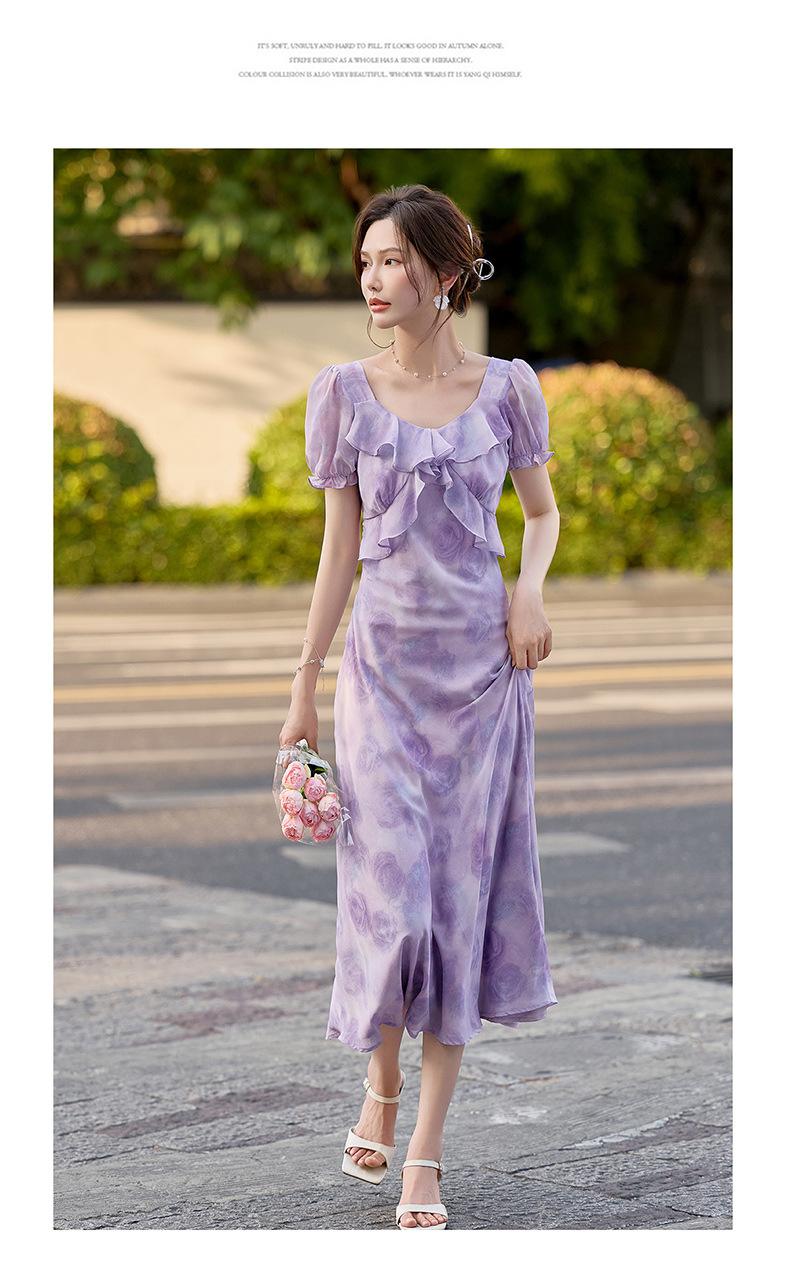 Đầm maxi nữ thắt eo in họa tiết hoa mùa hè tay ngắn — màu tím, Màu hồng chi tiết 26