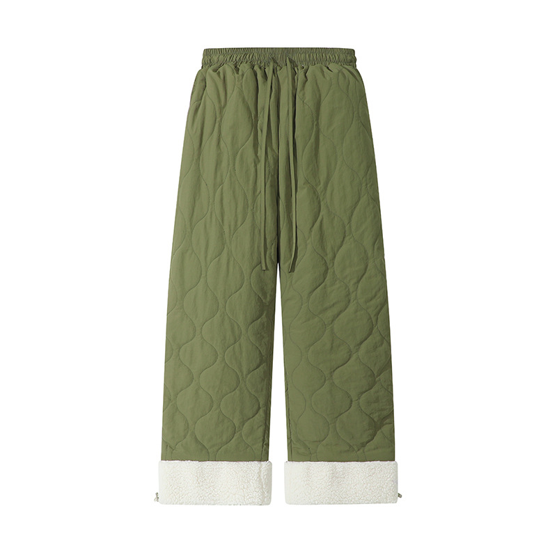 Snow-covered Northeast-style fleece-lined, thickened, waterproof pants, couple's winter lamb fleece pants, retro style, loose fit, thickened silk.