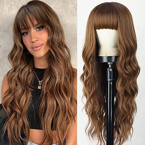 Synthetic Long Wavy Wig With Bangs Gradient Big Wave Hairpiece_voghion.com