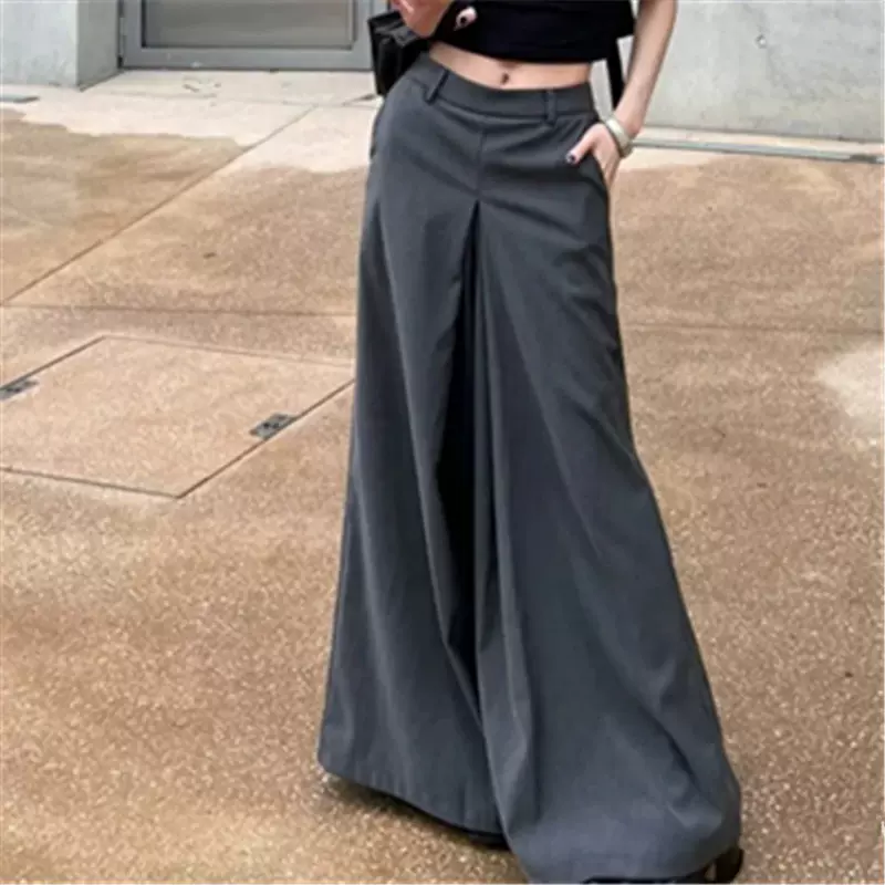 春夏新款欧美款式高腰垂感阔腿裙裤小众设计感显瘦拖地西装