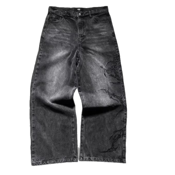 Hochgeschnittene, gerade geschnittene Herrenjeans im dunklen Gothic-Stil mit Stickereien, gewaschen, lockere Passform_voghion.com