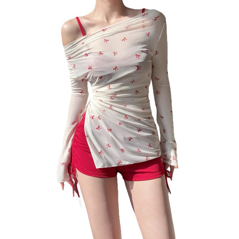 2025 nuevo traje de baño de estilo puro para mujer blusa de protección solar de manga larga con cuello halter bikini traje de baño con correa dividida