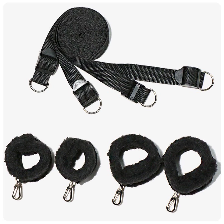 Bed Bondage Straps Set, Adjustable Plush Cuffs with Long Restraint Strap, 4-piece