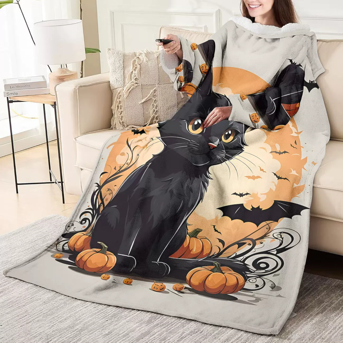 跨境专供法兰绒可穿毛毯带袖子毛毯 懒人毯 舒适穿戴毯万圣节系列