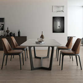 北欧亮光岩板餐桌椅组合长方形家用小户型现代简约全实木承托板桌
