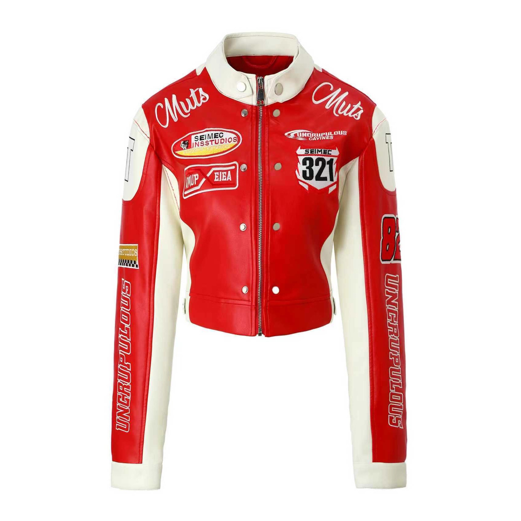 Foreign Trade Women's Pu Leather Jacket with Contrasting Colors, Biker Jacket with Stand Collar, Badge Patches, Trendy and Cool, Back with 3D Embroidery, Direct from the Source