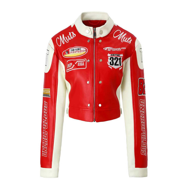 Foreign Trade Women's Pu Leather Jacket with Contrasting Colors, Biker Jacket with Stand Collar, Badge Patches, Trendy and Cool, Back with 3D Embroidery, Direct from the Source