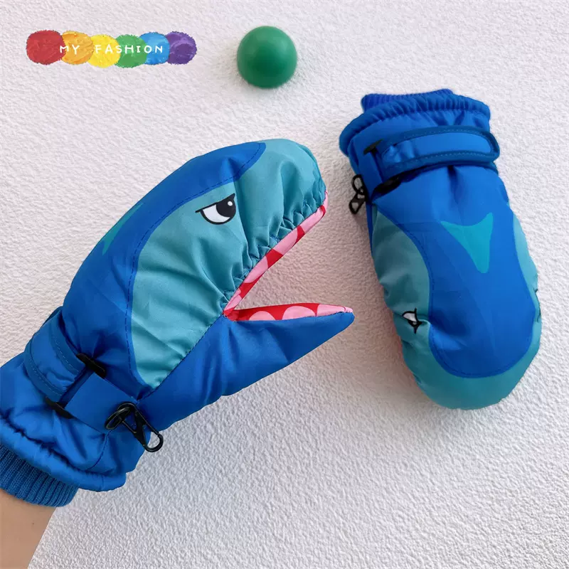 新款儿童滑雪手套冬卡通鲨鱼宝宝连指手套户外加绒防泼水手套儿童