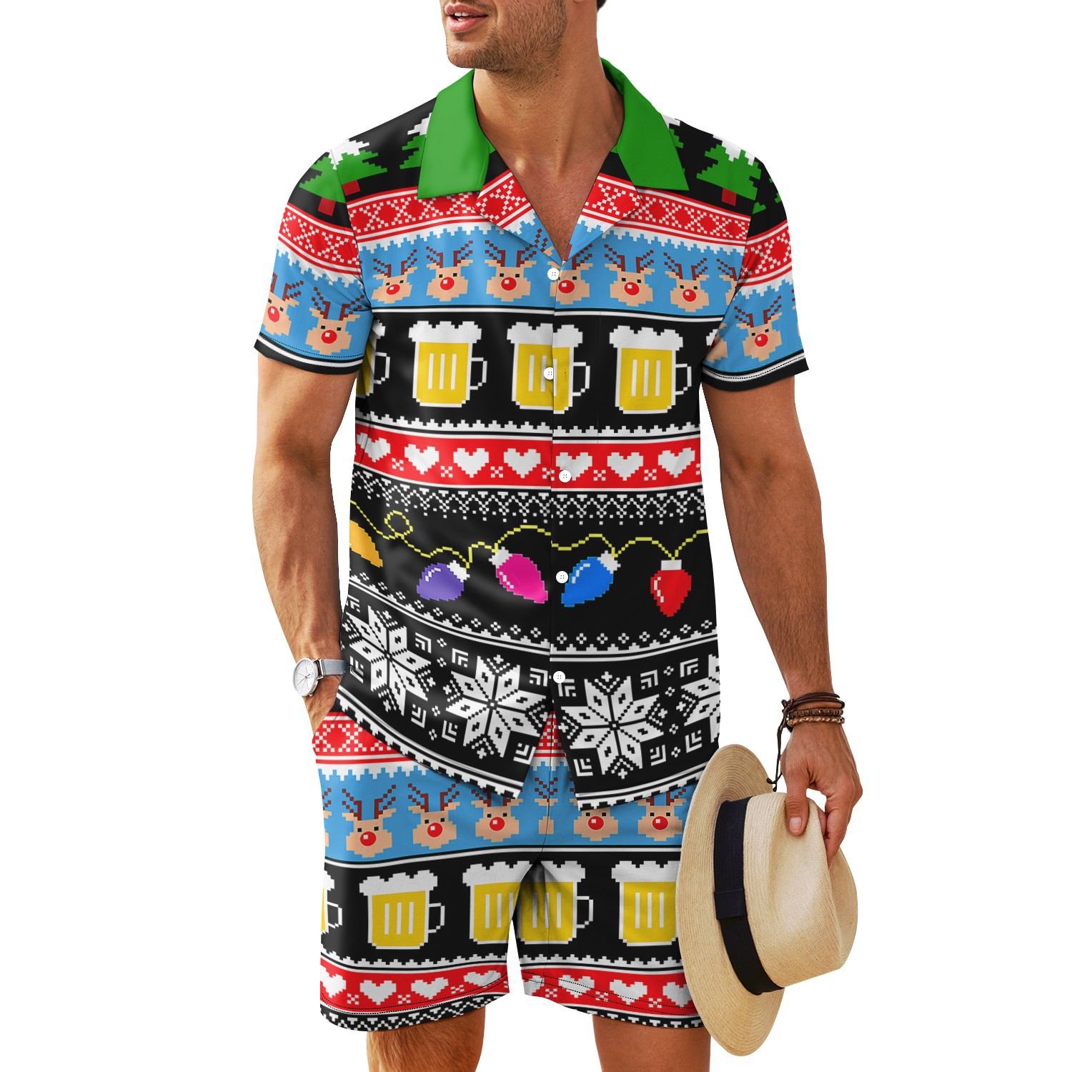 Transfronterizo 2025 nuevo estilo Amazon europeo y americano patrón de nieve cuello cubano camisa de manga corta pantalones cortos traje MB34 MA04