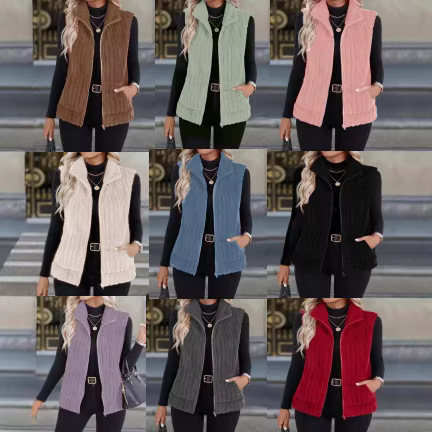 European and American Cross-Border Hot-Selling Solid Color Double-Sided Plush Zipper Cardigan Casual Women's Autumn and Winter Vest Independent Station Aliexpress