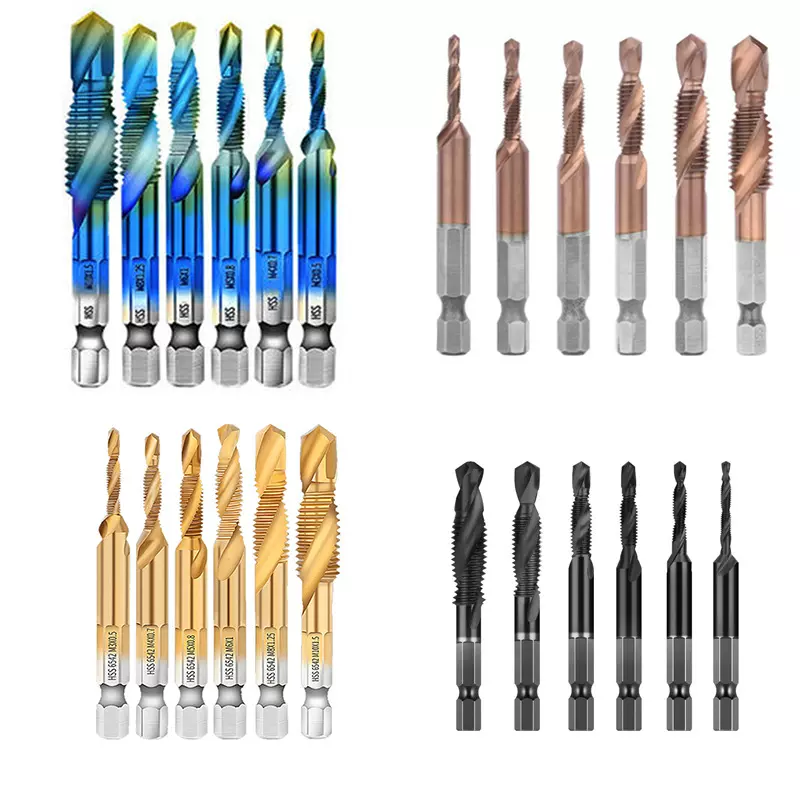 高速钢4341六角柄钻攻一体丝锥复合丝攻镀蓝镀钛古铜色紫钛多功能