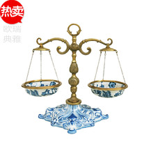 中式古典青花瓷配天平秤装饰摆件欧式美式奢意客厅玄关摆设