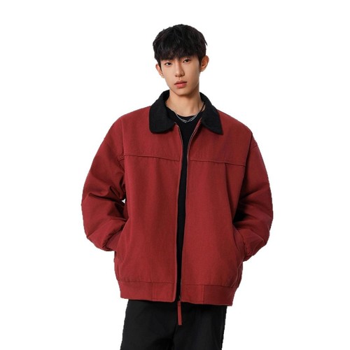 Retro Wine Red Detroit Jacket for Men, American Streetwear Trendy Brand, Cool and Casual, Harrington Collar Outerwear