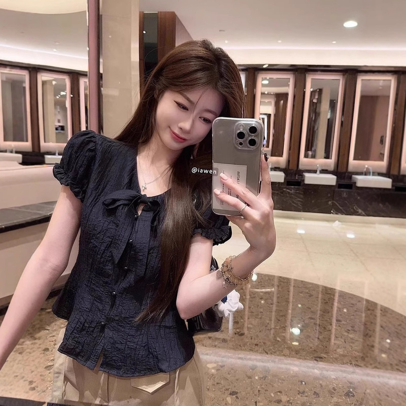 黒のデザインシックなパフスリーブシャツ女性の夏の韓国スタイル V ネックウエストスリム半袖 T シャツトップ|undefined
