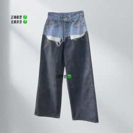 南油新款Ac 美式高街假两件3D打印拼接条纹直筒牛仔裤女 跨境外贸