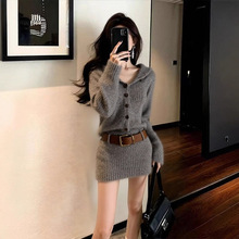 广州十三行高货慵懒灰色针织包臀连衣裙女小个子气质收腰毛衣短裙