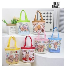 帆布水桶包可爱涂鸦童趣插画手提圆桶妈咪收纳包便当袋上班小拎包