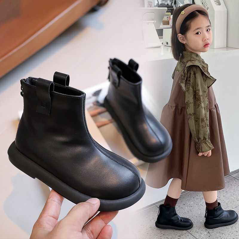 Girls' Boots, Kidsren's Short Boots, Two-Cotton Fleece-Lined Shoes, Winter Baby Girl's Leather Boots, Girls' Boots, Kidsren's Shoes, Black