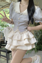 小个子学院风夏季新款甜美翻领泡泡袖衬衫女+字可爱蓬蓬裙两件套