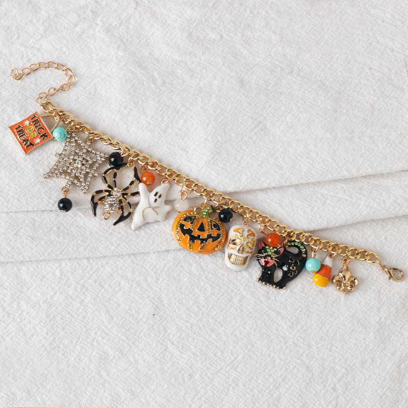 Halloween Charm Bracelet With Spider Pumpkin Skull And Diamonds_voghion.com