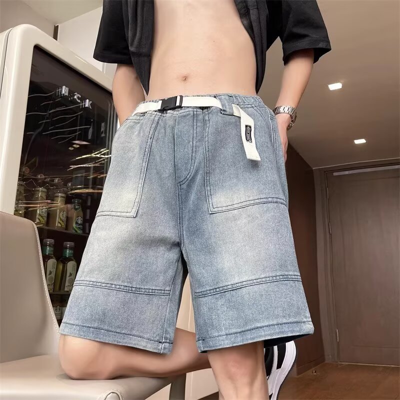 Vintage jeans japoneses, pantalones cortos de verano masculinos, empalme rectas sueltas, antiguo, marca de moda, pantalones casuales de cinco puntos
