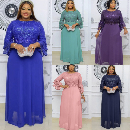 African European American Plus Size Wish New Edge Embroidery Chiffon Dress
