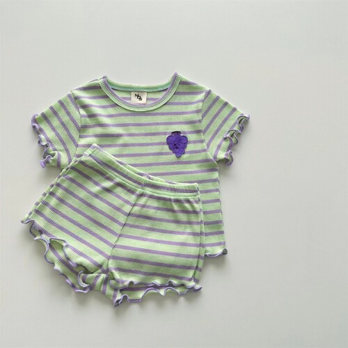 Korean style infant and toddler striped fungus set with grape fruit round neck for walking, comfortable and versatile two-piece set