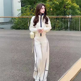 春秋杏色摇粒绒休闲运动套装女秋冬显瘦立领拉链显瘦两件套女装