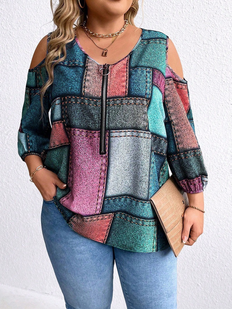 Europa y los Estados Unidos ropa de mujer de tamaño grande otoño y invierno moda nueva cremallera de manga larga decoración de hombro abierto impresión a cuadros suelta chaqueta diaria image 3