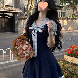 夏日新款韩系学院风时尚减龄设计蝴蝶结假两件连衣裙女学生字裙