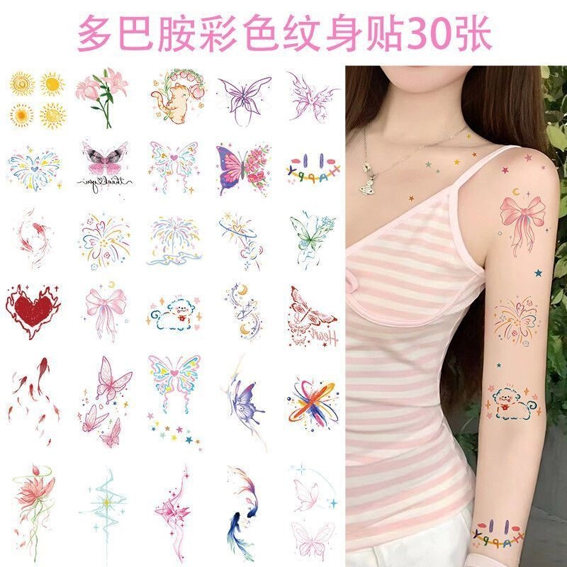 Colorful Tattoo Stickers for Women, Waterproof and Long-Lasting, Butterfly Ins-Style Sweet and Cool Tattoos for Collarbone, Arm, and Leg