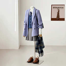 【蓝莓泡沫】新版蓝色气质文艺通勤翻领西装羊毛大衣外套HL27-3