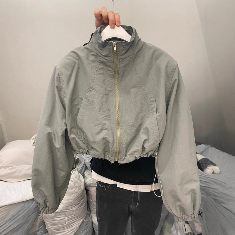South Korea's Dongdaemun Spring New Style Stand-Up Collar Drawstring Zipper Bubble Long-Sleeved Short Sports Sun Protection Jacket Top for Women