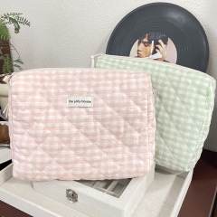 Pink and Green Striped Makeup Bag with Large Capacity, Korean Instagram Style Cute Portable Cosmetics Storage Bag, 100% Cotton Quilted Toothbrush Bag