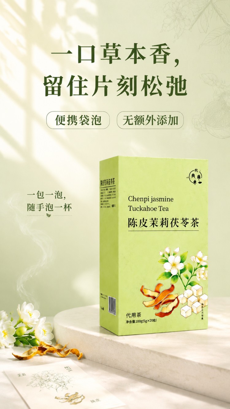 Tangerine Peel Jasmine Poria Herbal Tea Chen Pi Fu Ling Tea Bags 100g 20 Individual Sachets overview