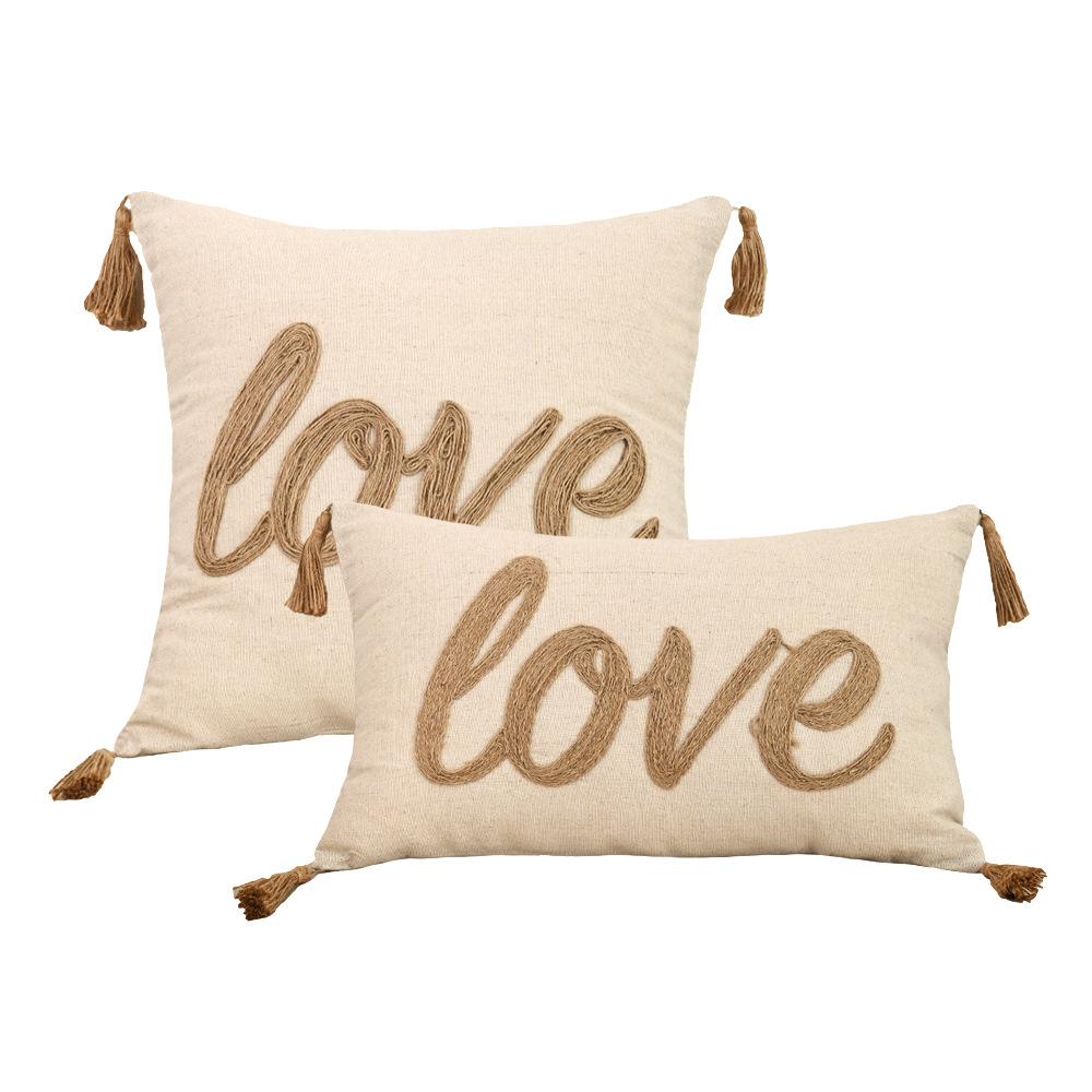 Funda de almohada bordada con cuerda de cáñamo nórdico transfronterizo Espiga colgante de cuatro esquinas Almohada pastoral retro Sala de estar Almohada de sofá Almohada de cintura