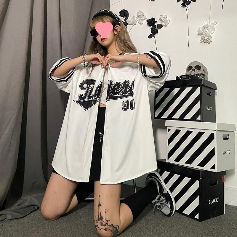 Printed Short-Sleeve T-Shirt for Men and Women, Summer Ins Hong Kong Style Retro Baseball Shirt, Loose Half-Sleeve Tee