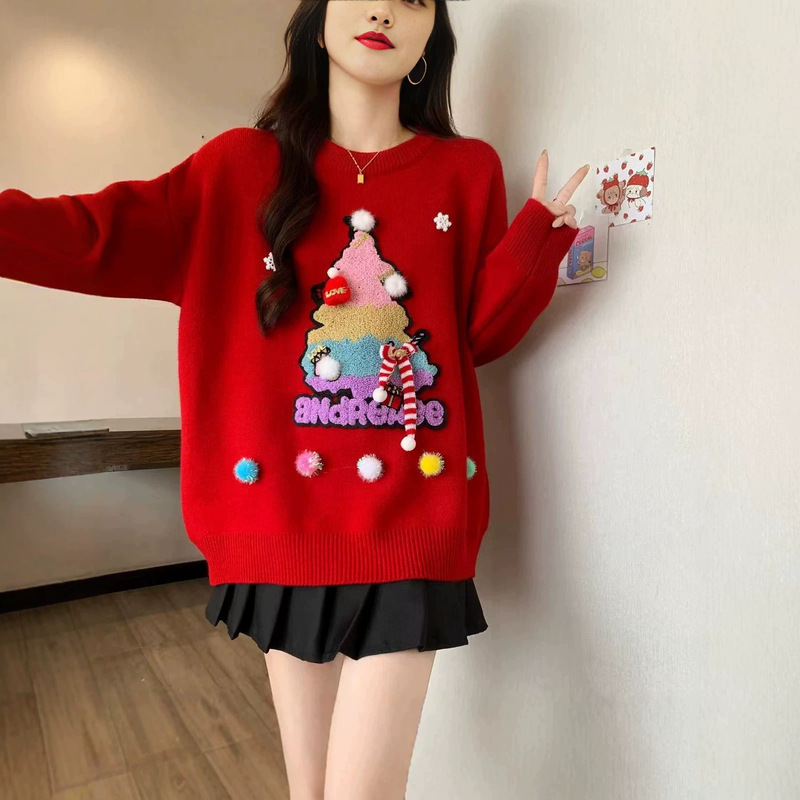 Cross-border Christmas Sweater Coat for Women 2026 Autumn/Winter Cartoon Knitwear Round Neck Red Loose Long Sleeve Versatile Top Cross-border Christmas Sweater Coat for Women 2026 Autumn/Winter Cartoon Knitwear Round Neck Red Loose Long Sleeve Versatile Top